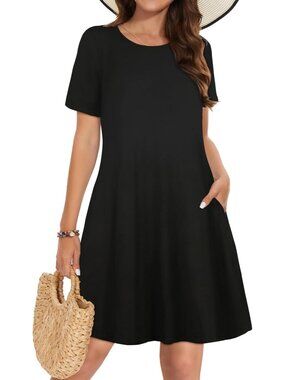 Women's Black Casual T-shirt Short Sleeve Floral Sundress Beach Cover Mini Dress